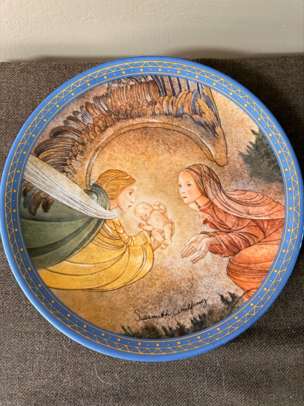Blue Framed Religious Art Plate with Angel and Madonna Illustration